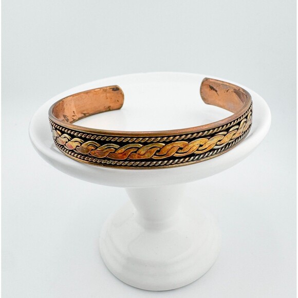 Vintage Copper Brass Cuff Bracelet Swirl Design Mixed Metal Boho Unisex Retro - Picture 5 of 7